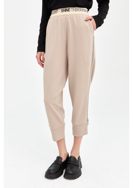 Yanı Fermuarlı Jogger Pantolon Bej