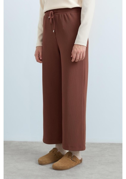 Beli Lastikli Bol Paça Örme Pantolon Kahve modelleri
