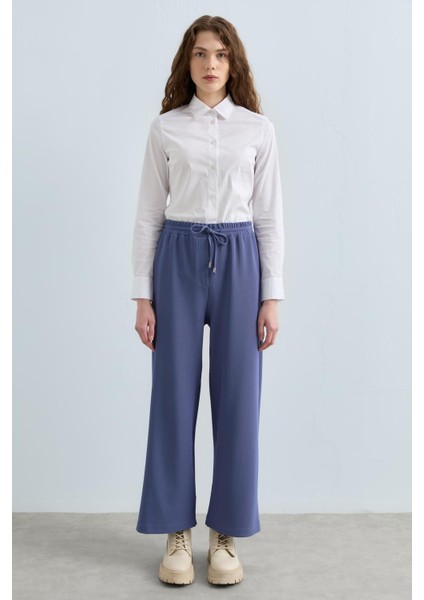 Beli Lastikli Bol Paça Örme Pantolon Indigo