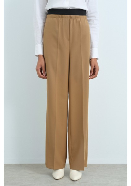 Beli Lastikli Ütü Izli Bol Paça Pantolon Camel