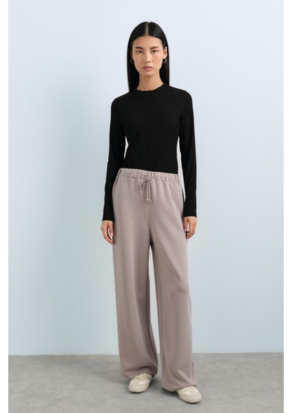Beli Lastikli Bol Paça Örme Pantolon Vizon
