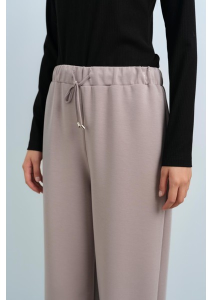 Beli Lastikli Bol Paça Örme Pantolon Vizon