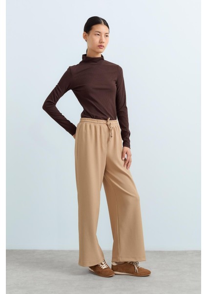 Beli Lastikli Bol Paça Örme Pantolon Camel fiyatları
