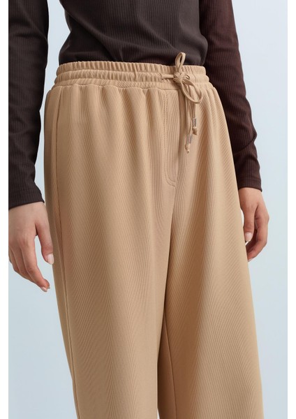 Beli Lastikli Bol Paça Örme Pantolon Camel modelleri