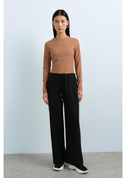 Beli Lastikli Bol Paça Örme Pantolon Siyah