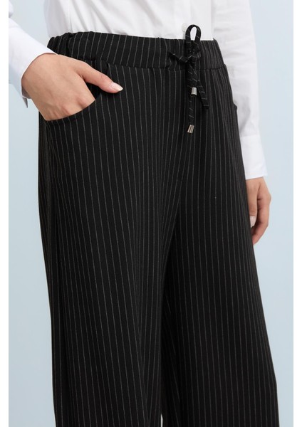 Beli Lastikli Çizgili Bol Paça Pantolon Siyah modelleri