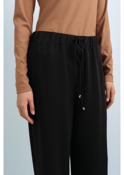 Beli Lastikli Bol Paça Örme Pantolon Siyah modelleri