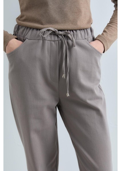 Beli Bağcıklı Gabardin Havuç Pantolon Gri