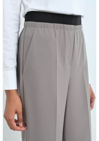 Beli Lastikli Ütü Izli Bol Paça Pantolon Gri modelleri