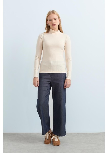 Beli Lastikli Bol Paça Pantolon Indigo