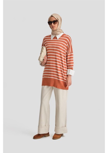 Çizgili Triko Tunik 24Kd2007 Oranj