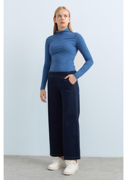 Arka Beli Lastikli Bol Denim Pantolon Indigo