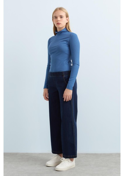 Arka Beli Lastikli Bol Denim Pantolon Indigo fiyatları