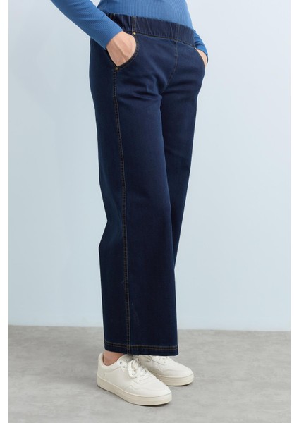 Arka Beli Lastikli Bol Denim Pantolon Indigo modelleri