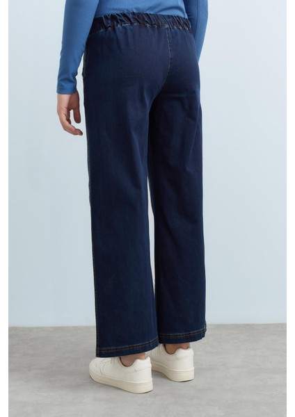 Arka Beli Lastikli Bol Denim Pantolon Indigo fırsatları