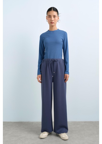 Beli Lastikli Bol Paça Örme Pantolon Indigo