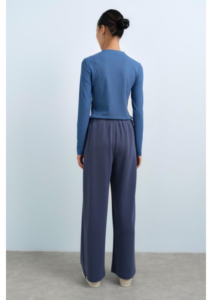 Beli Lastikli Bol Paça Örme Pantolon Indigo fırsatları