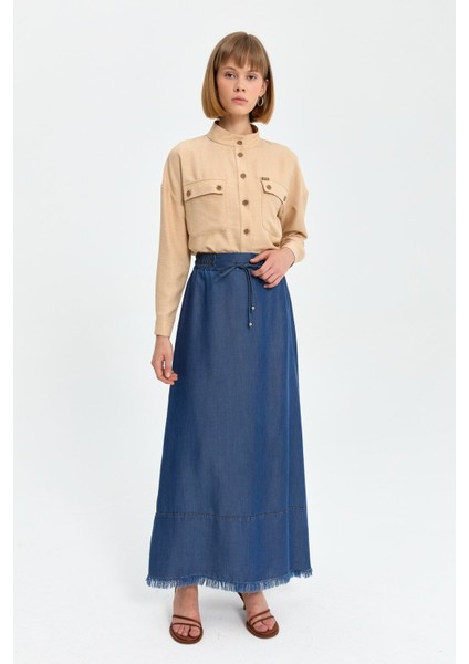 Beli Lastikli Tencel Etek Indigo