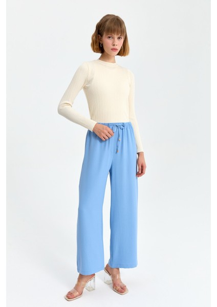 Beli Lastikli Bol Paça Pantolon Açık Mavi