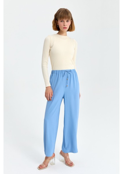 Beli Lastikli Bol Paça Pantolon Açık Mavi modelleri