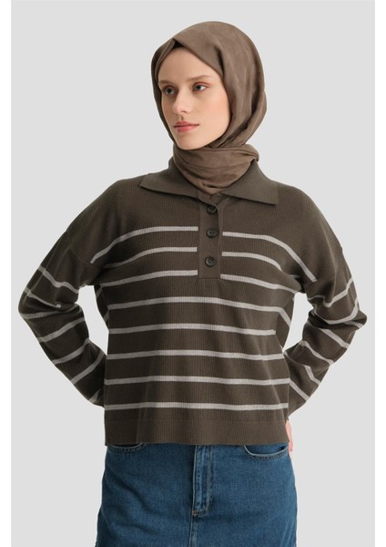 Çizgili Triko Kazak 24KD4208 Haki