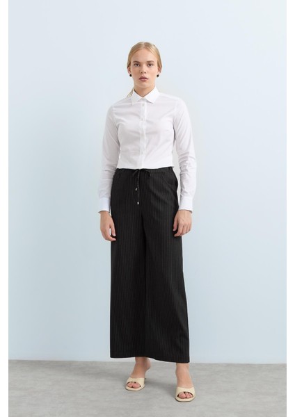 Beli Lastikli Çizgili Bol Paça Pantolon Füme