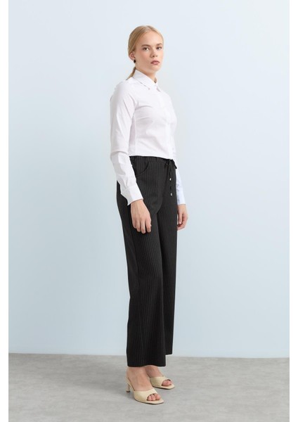 Beli Lastikli Çizgili Bol Paça Pantolon Füme fiyatları