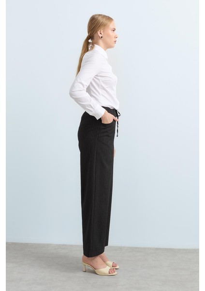 Beli Lastikli Çizgili Bol Paça Pantolon Füme modelleri