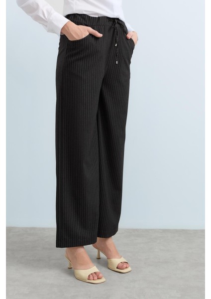 Beli Lastikli Çizgili Bol Paça Pantolon Füme fırsatları