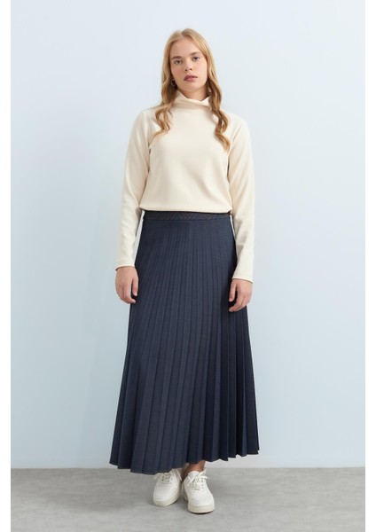 Beli Nakış Detaylı Pilise Etek Indigo