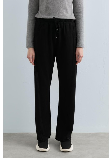 Beli Lastikli Boru Paça Örme Pantolon Siyah