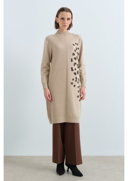 Tek Tarafı Payet Desenli Triko Elbise Haki