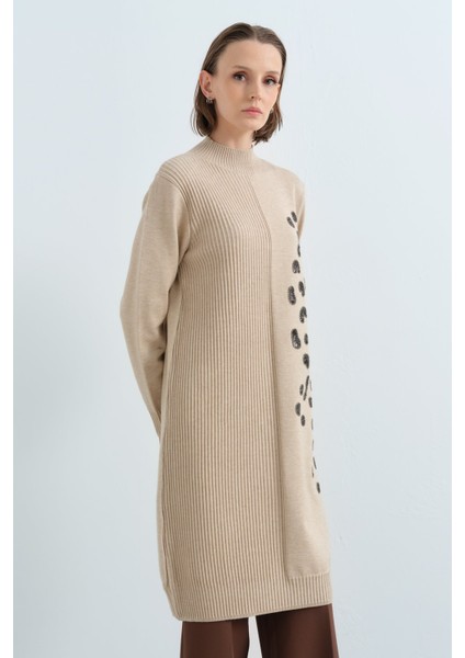 Tek Tarafı Payet Desenli Triko Elbise Haki fiyatları