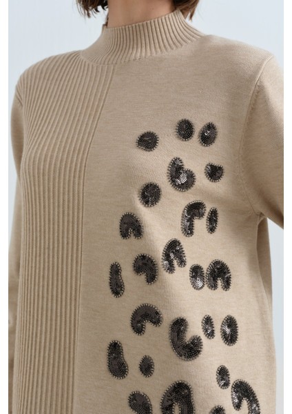 Tek Tarafı Payet Desenli Triko Elbise Haki modelleri