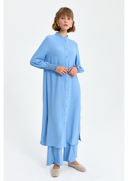Kolları Lastikli Rahat Pantolon Tunik Takım Açık Mavi modelleri