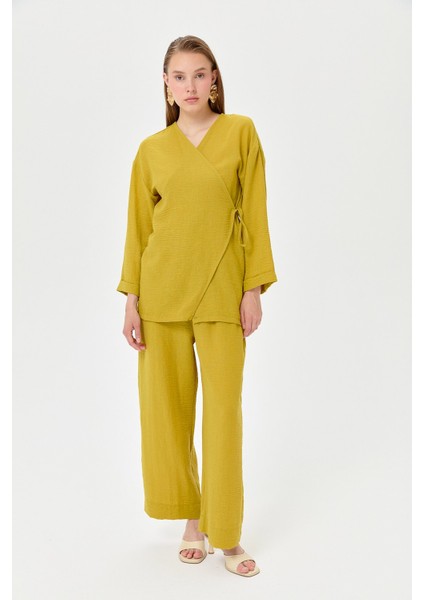 Keten Kruvaze Kimono Pantolon Takım Asit
