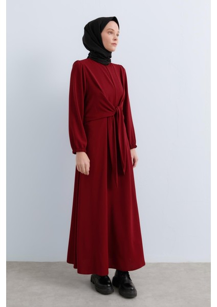 Beli Drape Detaylı Şık Elbise Bordo