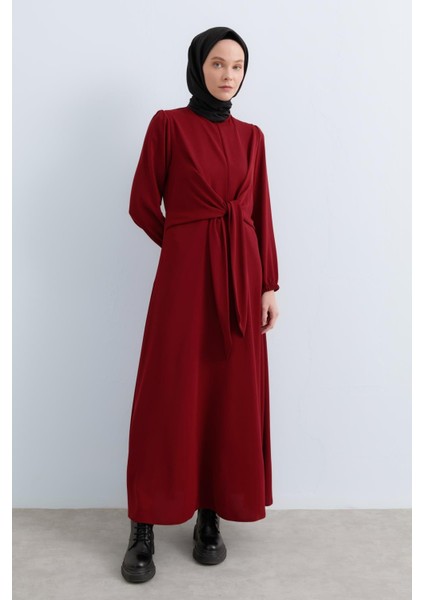 Beli Drape Detaylı Şık Elbise Bordo