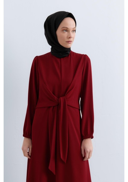 Beli Drape Detaylı Şık Elbise Bordo