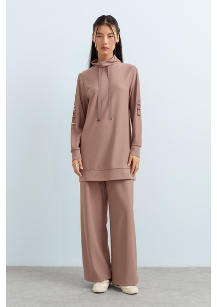 Kol Detaylı Örme Pantolon Tunik Takım Vizon