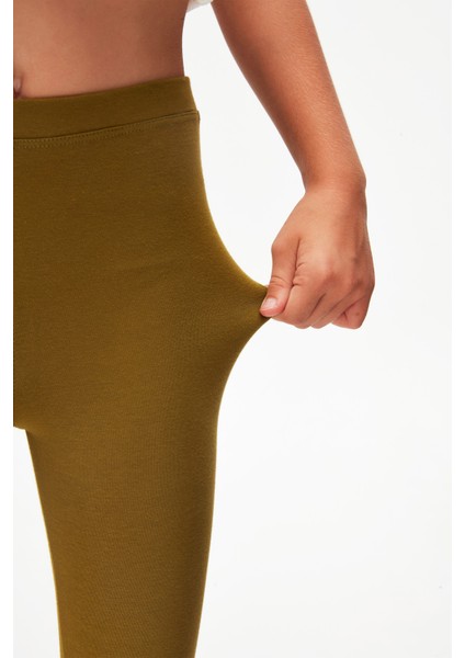 Zeytin Yeşili Basic Kız Çocuk Diz Altı Tayt Kapri modelleri