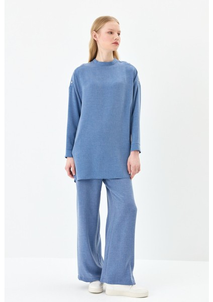 Omuzları Çakma Detaylı Pantolon Tunik Takım Indigo