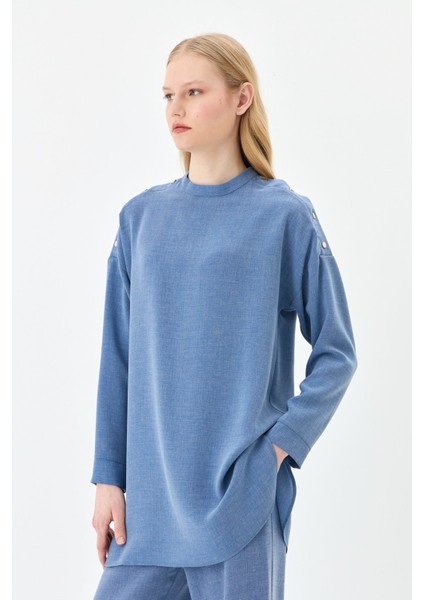 Omuzları Çakma Detaylı Pantolon Tunik Takım Indigo