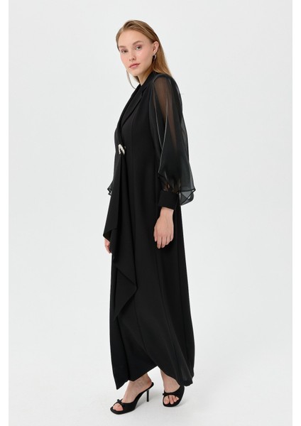 Balon Kollu Şık Kaftan Takım Siyah