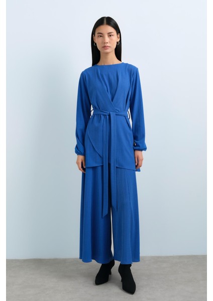 Kuşaklı Pantolon Tunik Takım Saks