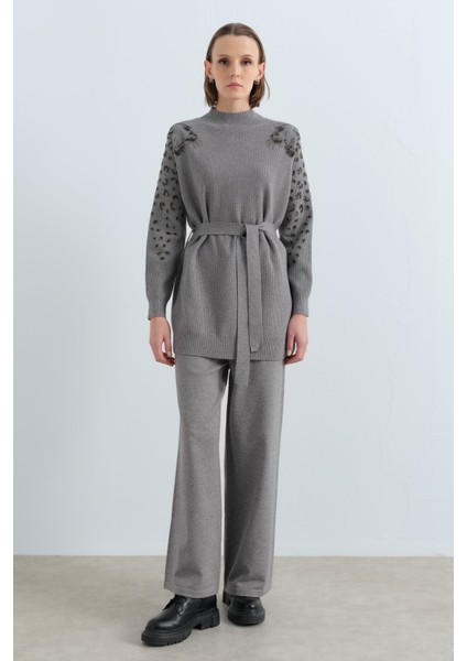 Kolları Leopar Payetli Fitilii Triko Pantolon Tunik Takım Gri