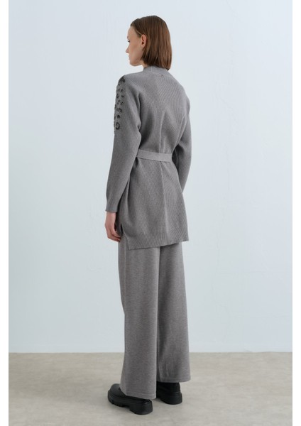 Kolları Leopar Payetli Fitilii Triko Pantolon Tunik Takım Gri fırsatları