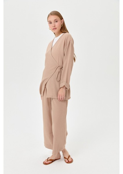 Keten Kruvaze Kimono Pantolon Takım Vizon modelleri