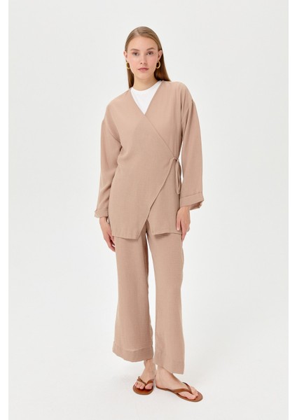 Keten Kruvaze Kimono Pantolon Takım Vizon