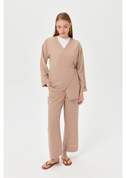 Keten Kruvaze Kimono Pantolon Takım Vizon fiyatları